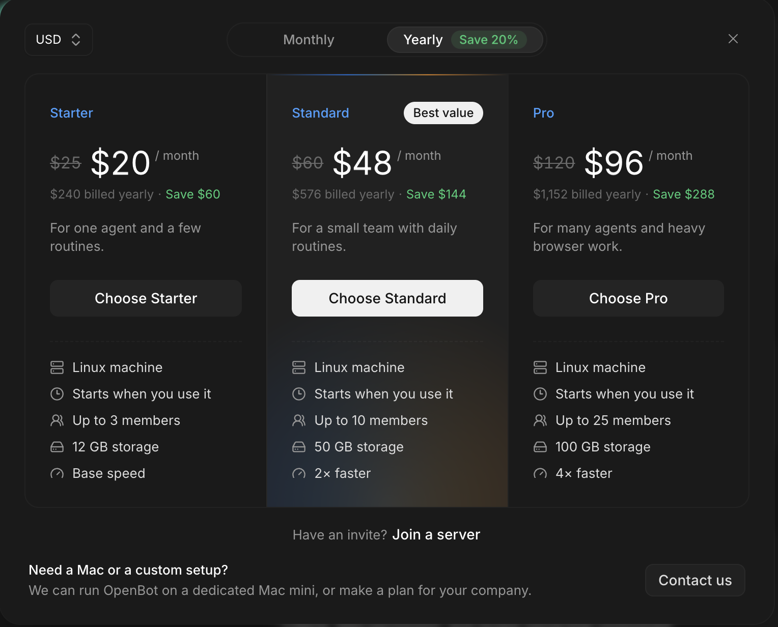 OpenBot hosted server pricing with Starter, Standard, and Pro plans. The yearly billing option is selected, showing member limits, storage, and speed for each plan.